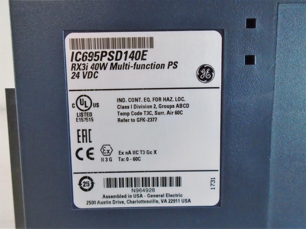 GE PACSystems 40W Power Supply, RX3i Multi-Function, 24 VDC, #IC695PSD140E